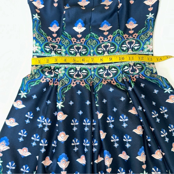 Gabby Skye Women's Patterned Dress Pleated A line sleeveless navy jewel tones 4 - Picture 9 of 11